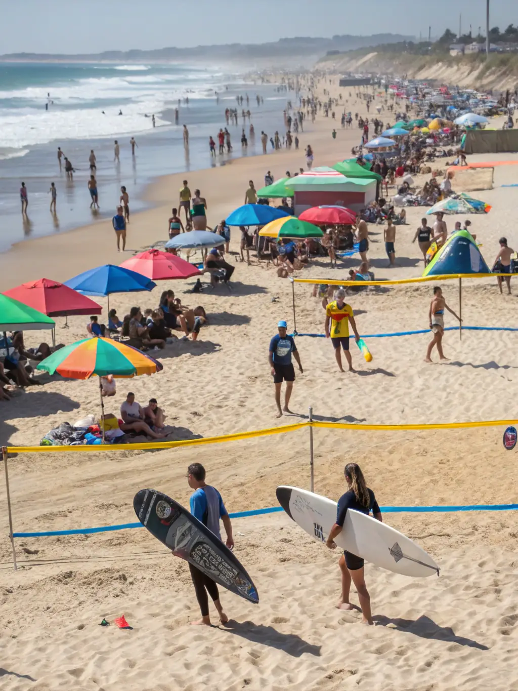 A group of people laughing and learning to surf on a sunny beach, with a professional instructor guiding them. This image represents active lifestyle experiences.