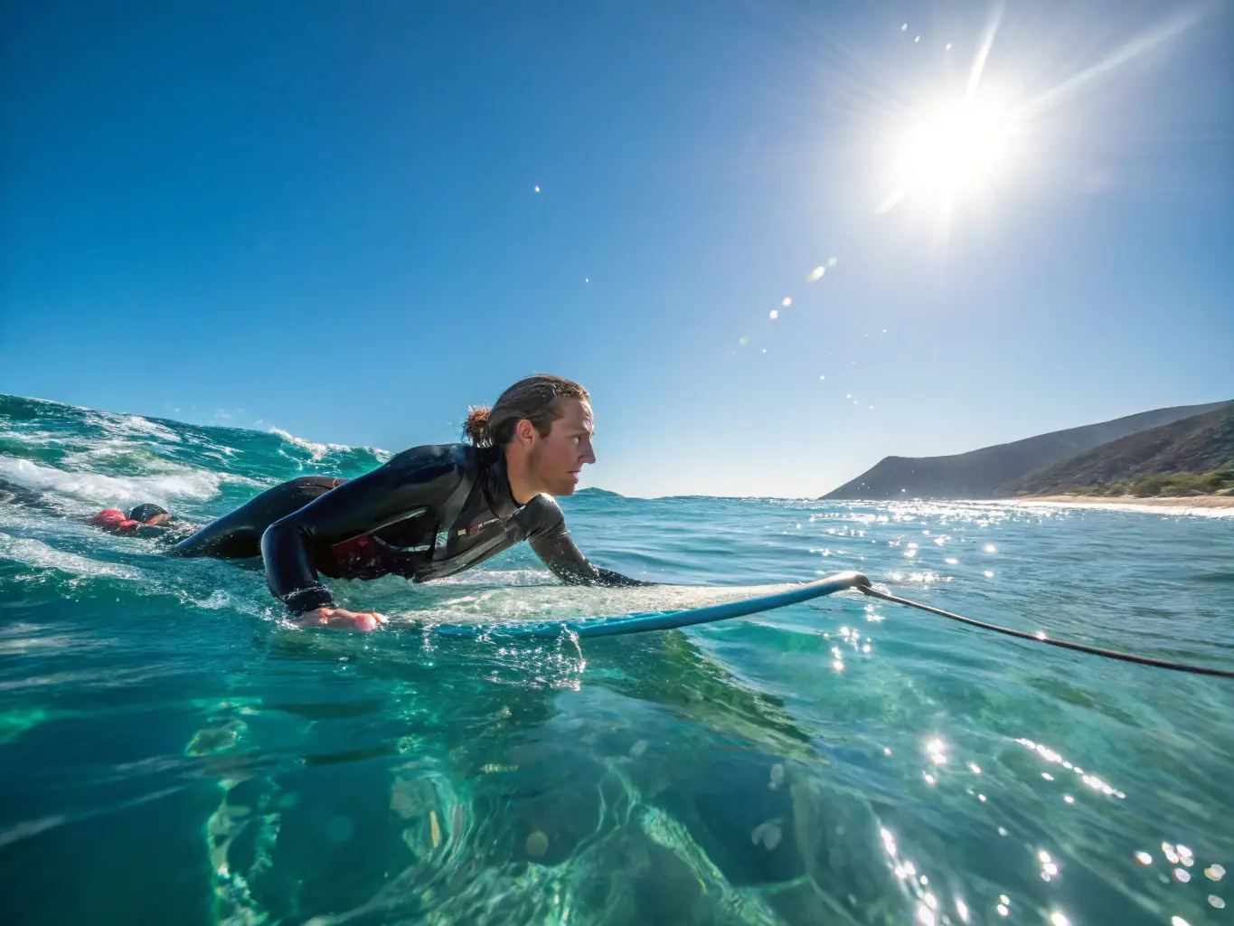 An image of a person learning to surf on a sunny beach with instructors guiding them, capturing the excitement and joy of an active lifestyle experience.
