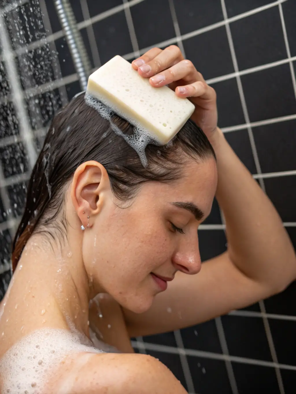 A person with healthy, shiny hair using a natural shampoo bar in the shower, emphasizing the product's eco-friendly packaging and nourishing ingredients.