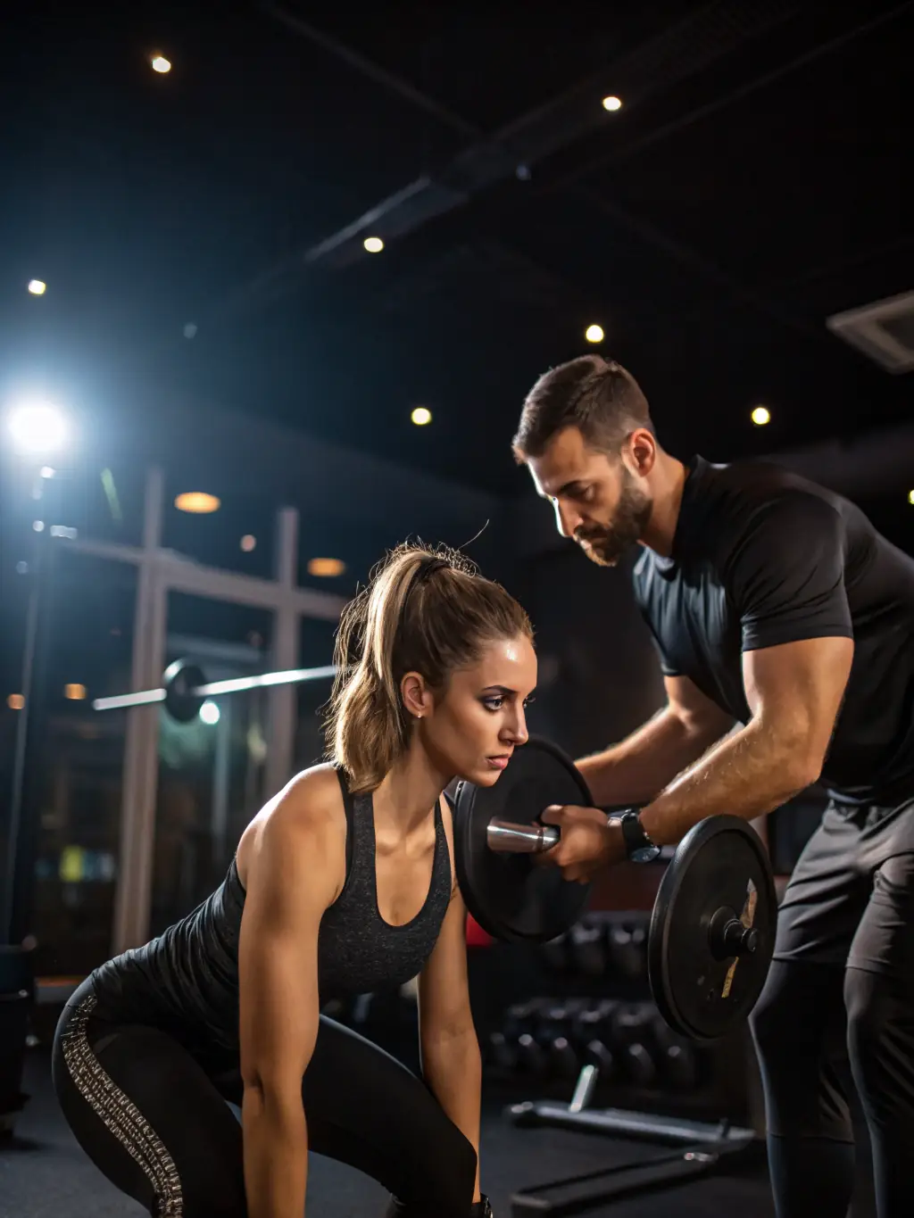 A person lifting weights in a modern, well-equipped fitness studio, with a personal trainer providing guidance. This image represents personalized fitness training.