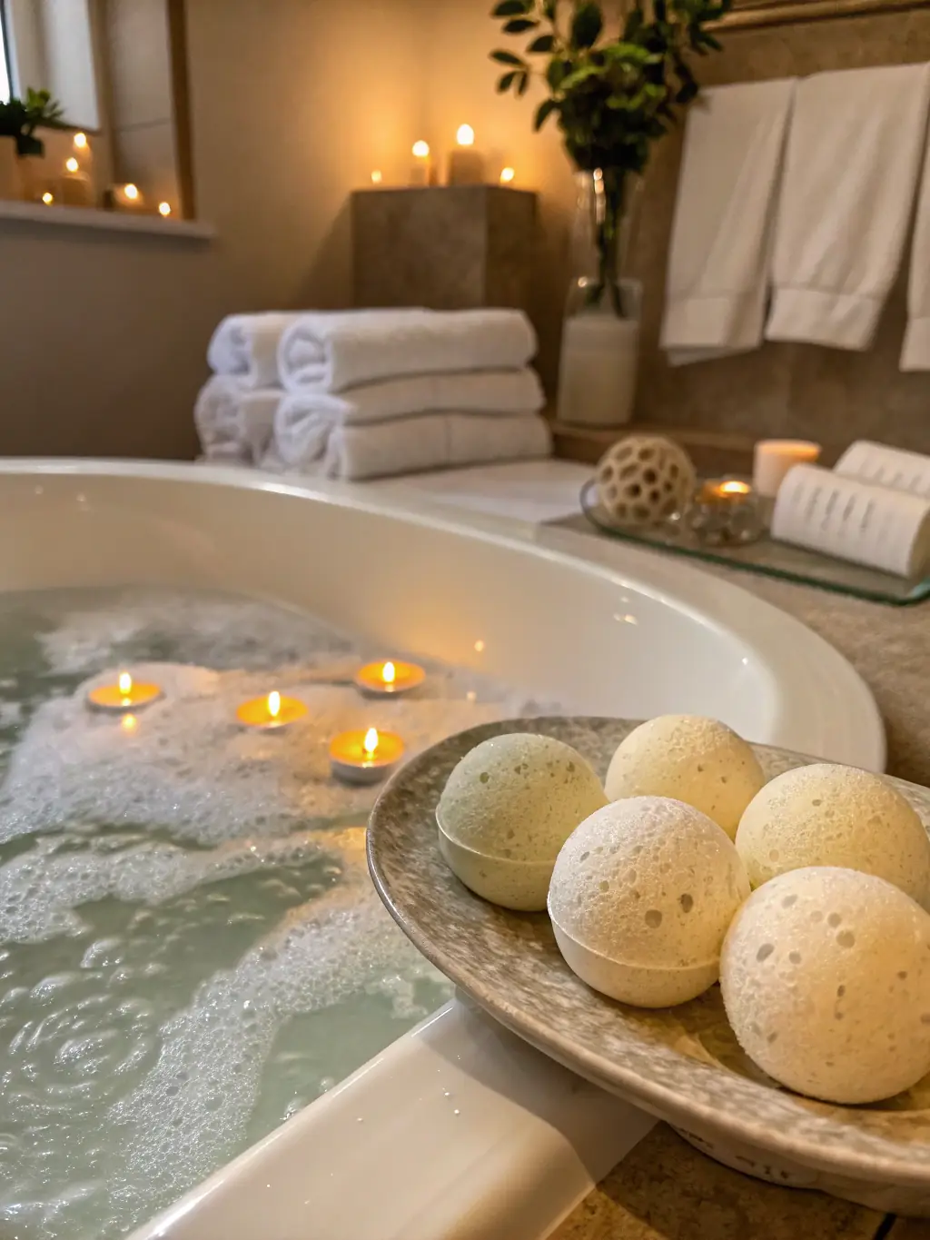 A luxurious bath bomb dissolving in water, releasing vibrant colors and aromatic scents, showcasing the brand's focus on creating relaxing and rejuvenating experiences.