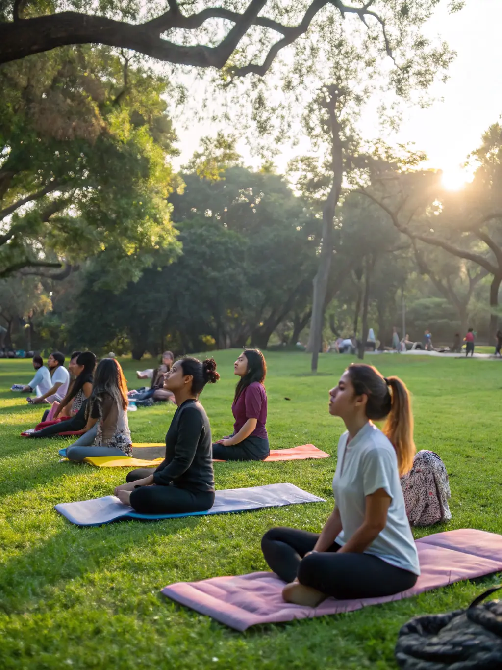 A diverse group of people participating in a yoga class in a serene, natural setting. The image emphasizes community and holistic well-being.