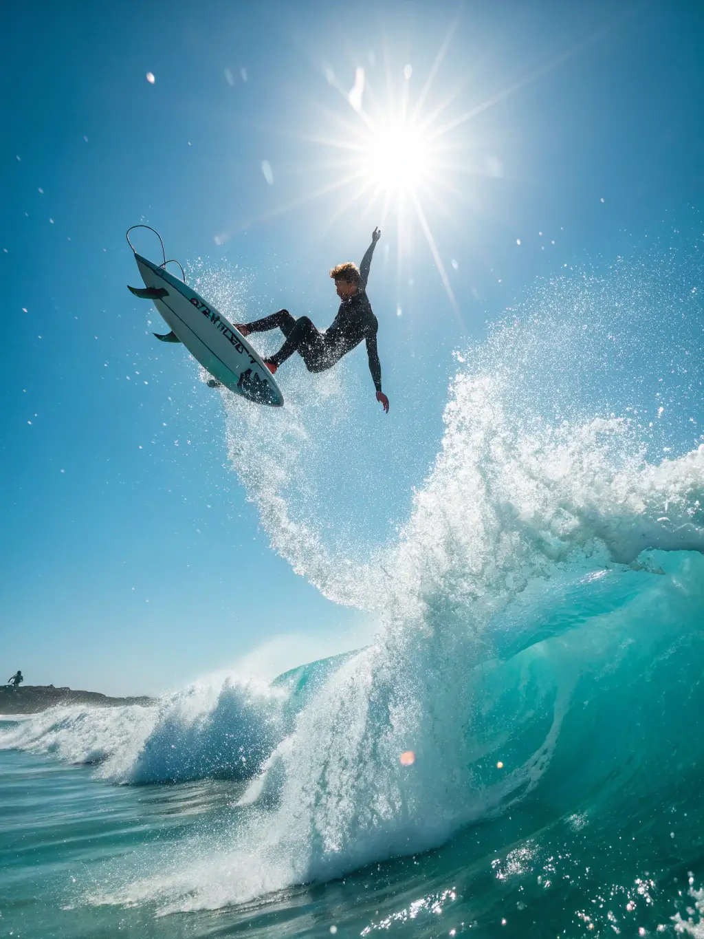 A person confidently surfing a wave, showcasing an active lifestyle experience offered through BodyBreathe's curated selection of partners.