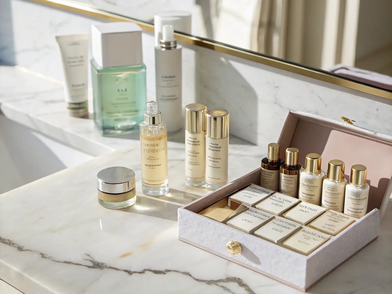A flat lay of luxurious skincare products including serums, creams, and cleansers on a clean, elegant surface, highlighting their premium packaging and natural ingredients.