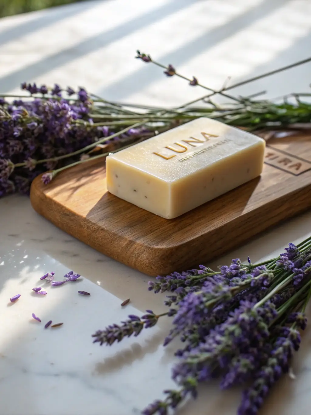 A set of handcrafted soaps with various natural ingredients like lavender, oatmeal, and honey, displayed on a rustic wooden surface, highlighting the brand's artisanal approach.