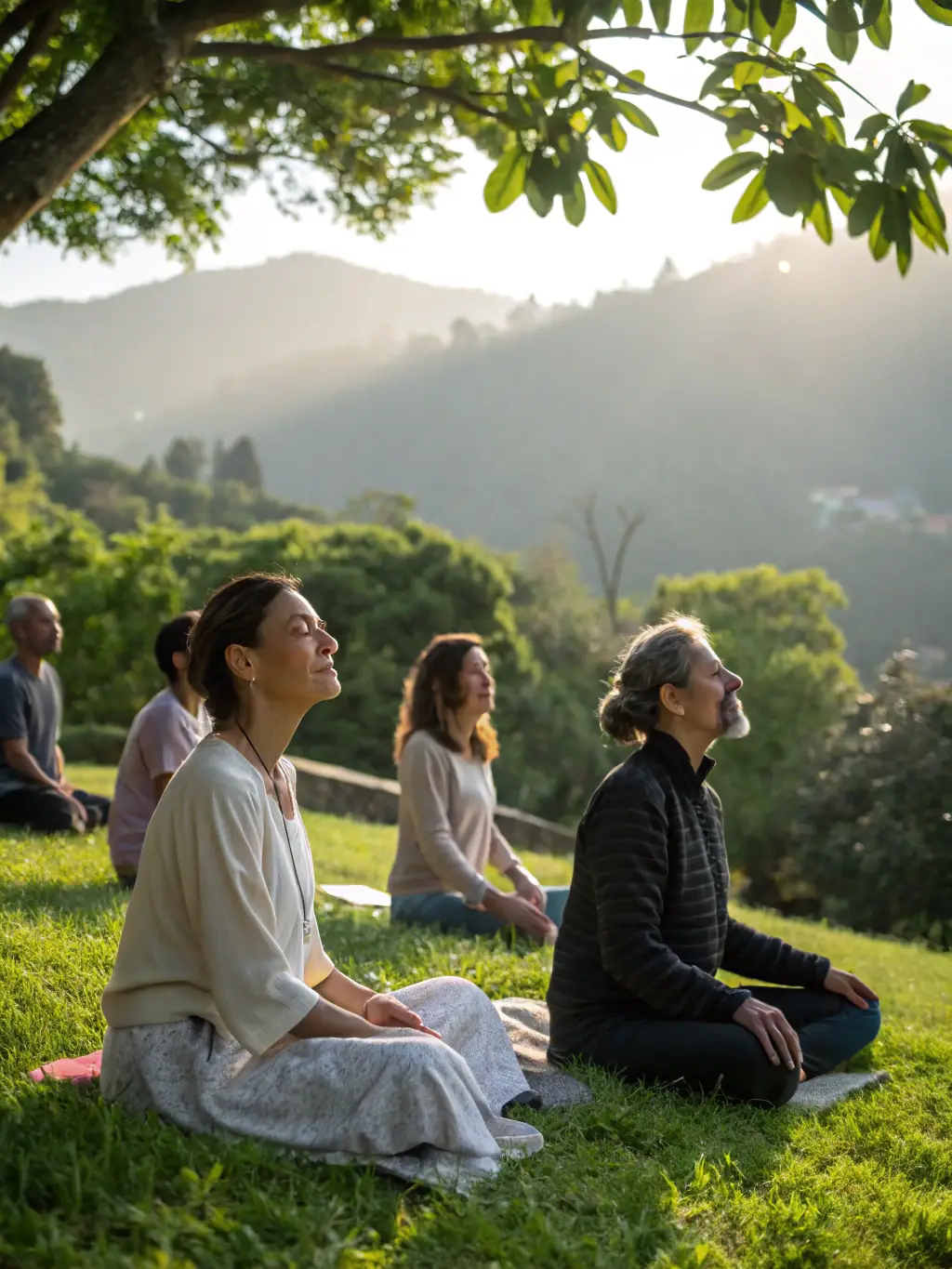 A group of people meditating in a peaceful yoga retreat setting, surrounded by lush greenery and natural light. This image represents wellness and relaxation.