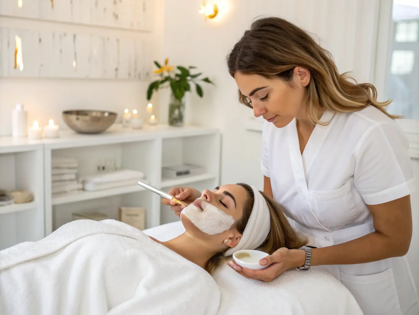 An image of a professional aesthetic clinic with a practitioner performing a non-invasive facial treatment, showcasing the advanced technology and serene environment.