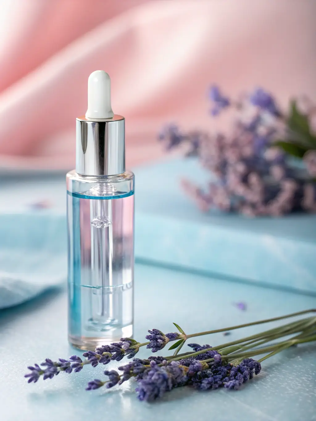 A close-up shot of a bottle of natural face serum with botanical extracts, highlighting the brand's commitment to organic ingredients and sustainable practices, set against a backdrop of lush greenery.